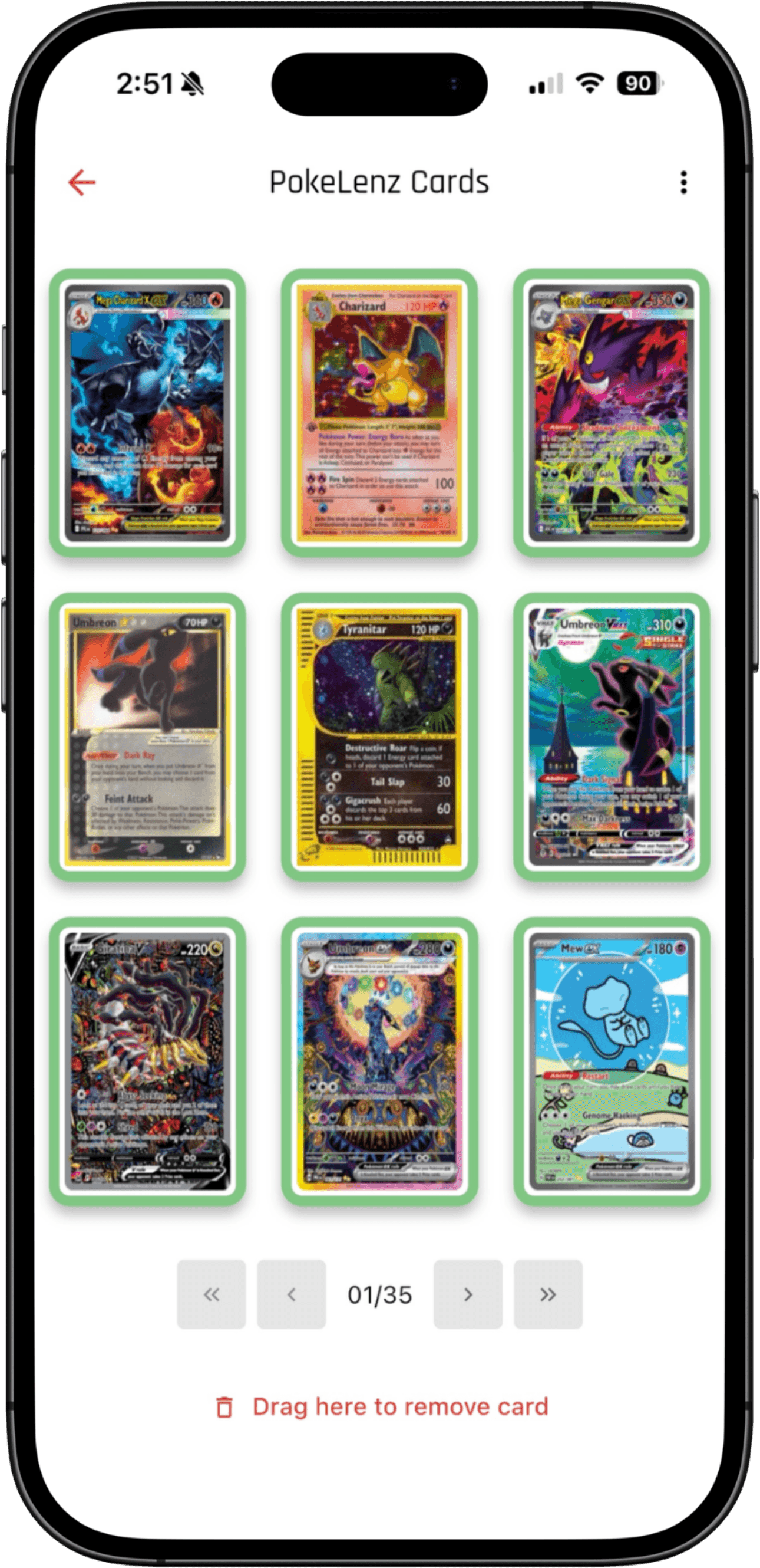 A themed PokeLenz binder page with nine Pokémon cards and page navigation.